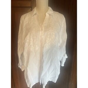 Charter Club Shirt Womens XL Embroidered Linen Button Up Front Top EUC